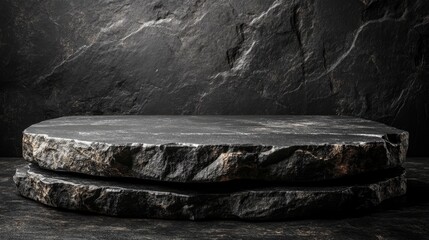 Obraz premium A black stone podium on a black stone background.