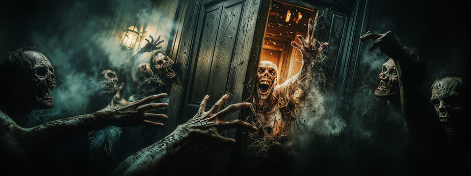 Horde of zombies breaking out of a door in a smoky room