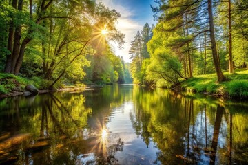 Obraz premium Peaceful nature scene of serene forest river with sunlight reflection