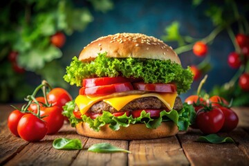 Aerial View of a Delicious Cheeseburger on a Plate Surrounded by Fresh Ingredients for Food Lovers and Culinary Enthusiasts