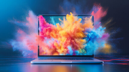 Creative design explosion on laptop screen with vibrant colors