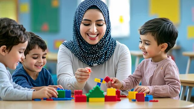 Joyful Learning: Teacher with Children and Building Blocks