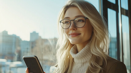 Fototapeta premium Young female marketer in glasses wearing beige sweater holding smartphone chatting on social media against office window background with free space for text