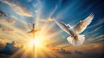 Pentecost Sunday background with flying dove and catholic cross