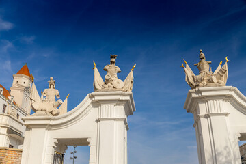 Bratislava, the capital of Slovakia cityscape. The churches and castle in the old city center