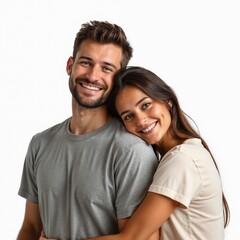 Happy couple smiling isolated on white background. The woman has her head on the man's shoulder, and both are looking at the camera