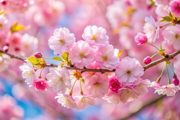 Forced perspective delicate pink cherry blossoms herald the arrival of spring in full bloom