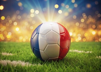 Fototapeta premium Bokeh Effect Football Match Scene with Austria vs France Flags, Soccer Ball on Green Grass, Exciting Sports Atmosphere, Perfect for Fans and Sports Enthusiasts