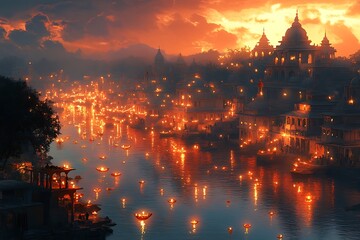 Fototapeta premium Vibrant cityscape reflecting dazzling lights on the shimmering water