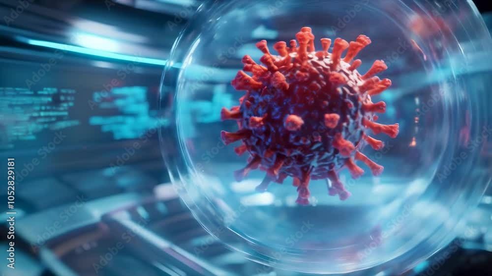 Poster analyzing coronavirus in futuristic lab with computer code, symbolizing scientific fight against inf