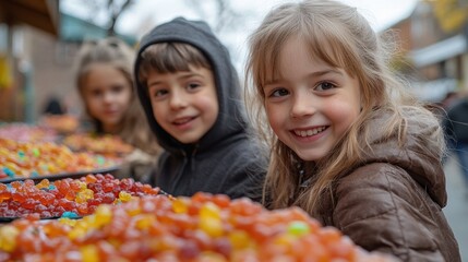 Children enjoying colorful candy at a festive outdoor market.