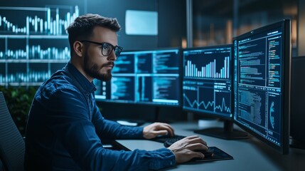 A man is sitting at a desk with three computer monitors in front of him