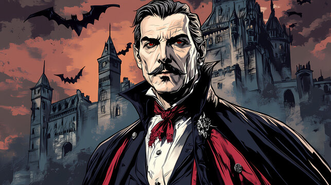 Vampire count vlad tepes dracula in front of a gothic castle. Vampire Lord. Illustration