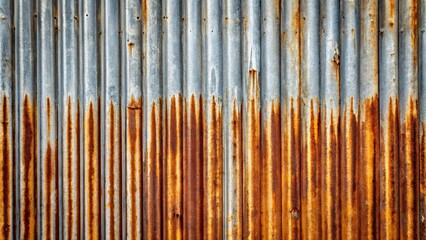 Galvanized corrugated tin iron background with rust traces and horizontal orientation
