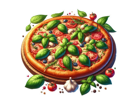 Top view of a vibrant, delicious pizza with fresh toppings. Vector generative ai.