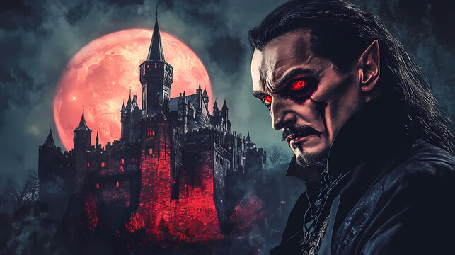 Vampire count vlad tepes dracula in front of a gothic castle. Vampire Lord. Illustration