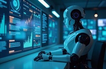 A humanoid robot analyzes data on glowing screens in a futuristic control room during nighttime