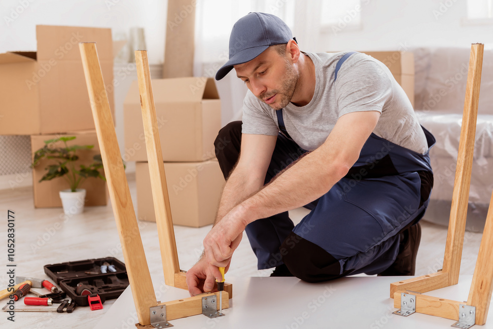 Poster professional carpenter working assembling desk installing furniture after relocation indoor. furnish