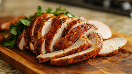 Fototapeta premium close-up view of sliced Cajun turkey on a cutting wooden board. ai 
