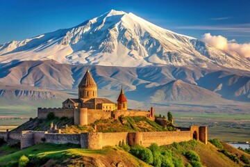 Extreme Close-Up view of serene Khor Virap Monastery with Ararat Plain in background