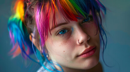 Fototapeta premium Portrait of a lesbian LGBTQ young lady with colored rainbow hair and piercings