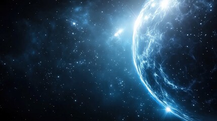 Fototapeta premium A stunning cosmic scene featuring a glowing planet amidst countless stars, illuminated by ethereal blue light against a dark space backdrop.