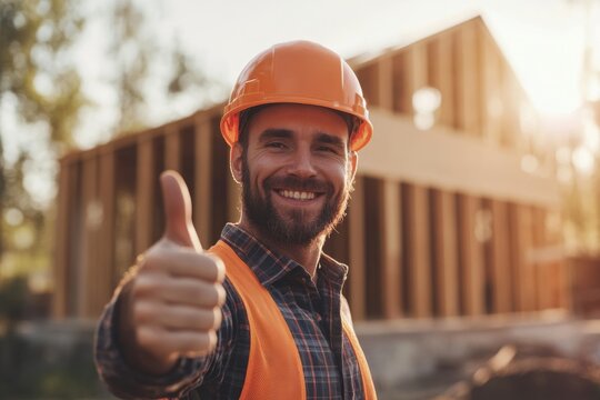 Cheerful construction worker gives a thumbs up in front of a newly built house in the evening light, promoting positivity and safety