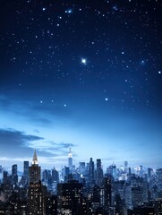A stunning nighttime cityscape with illuminated skyscrapers under a starry sky and deep blue hues.