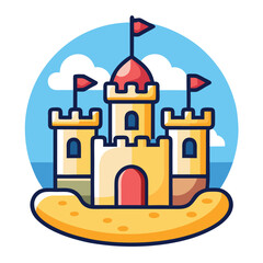 A colorful cartoon sandcastle on the beach