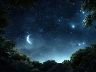 Fototapeta premium A serene night sky filled with stars and a crescent moon, framed by dark silhouettes of trees, creating a tranquil atmosphere.