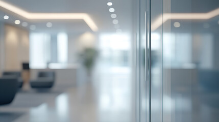 Obraz premium An office with glass doors leading to an open space where people work at desks, blurred background Office bokeh