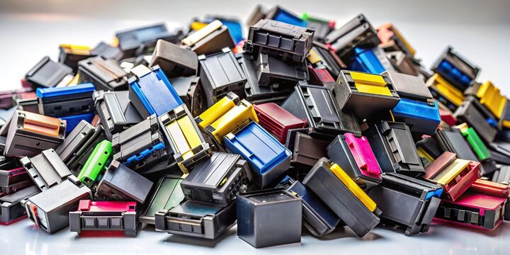 Pile of used ink cartridges ready for recycling