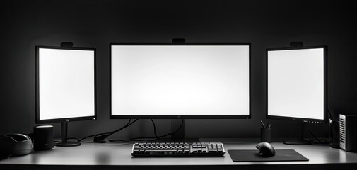 Triple monitor setup with blank screens on a dark desk.