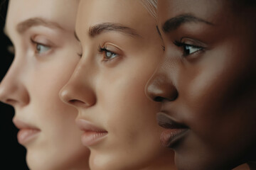 Fototapeta premium Diverse faces representing beauty in unity and harmony against a dark background