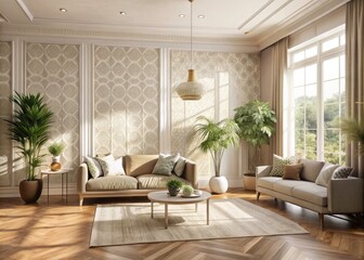 Elegant Beige Wallpaper with Intricate Patterns - Aesthetic Interior Design Inspiration, Textured Background for Photography, Home Decor, and Stylish Living Spaces