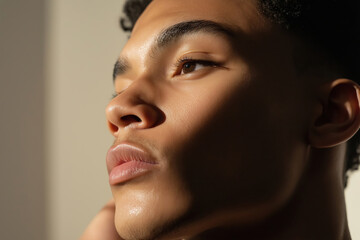 A young man gazes thoughtfully as soft light accentuates his facial features and shadows