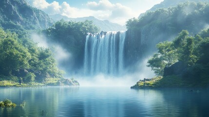 Fototapeta premium Serene waterfall cascading into a tranquil lake surrounded by greenery.