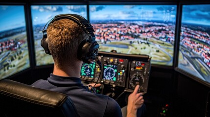 Pilot in a flight simulator training for a landing