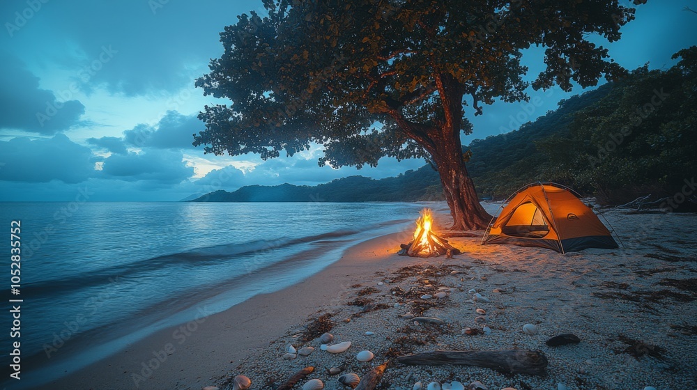 Poster a peaceful camping setup on the beach, features a glowing campfire and a tent nestled under a tree a