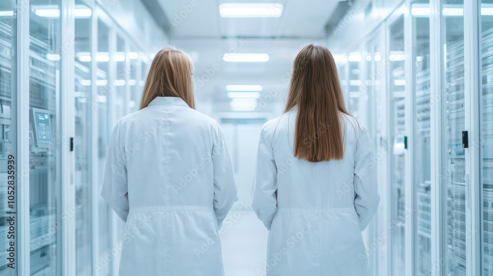 Wall mural two women in lab coats walk through a high-tech corridor lined with data storage units, emphasizing 