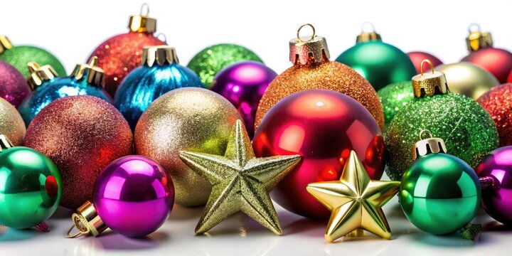Festive Christmas Ornaments and Stars for Holiday Decoration Isolated on White Background