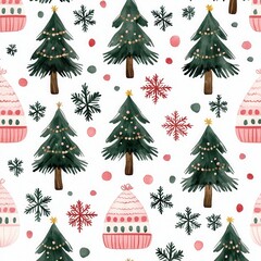 Fototapeta premium A festive pattern featuring Christmas trees, snowflakes, and winter hats, perfect for holiday-themed designs and decorations.