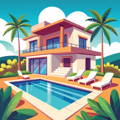 Fototapeta premium vector luxury vacation home with pool and sun loungers