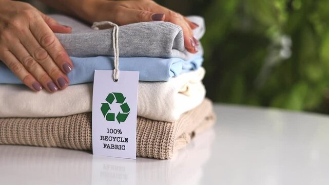 Female hands put a label with a recycling icon on a stack of clothes. Recycling Products Concept