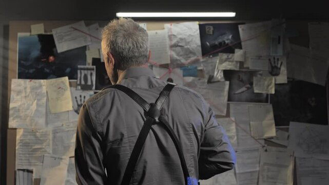 back view of pensive police detective looking at  evidence board in office,caucasian policeman investigates on criminal case examining crime clues