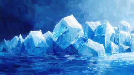 Obraz premium A stunning depiction of icebergs, reflecting shades of blue, creating a serene and cool atmosphere.