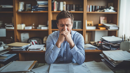 A man sits at his cluttered desk, looking distressed while reviewing paperwork during the day in a home office setting