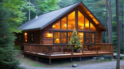 Fototapeta premium American riverside cabin with a small Christmas tree outside peaceful winter night