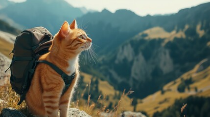A cat is sitting on a rock with a backpack on its back