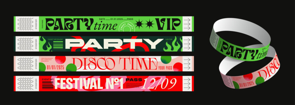 Vector illustration of colorful event wristbands for parties, festivals, VIP access. Green, red, and black designs with text like Party Time, Disco Time, and Festival No.1. Perfect for event branding